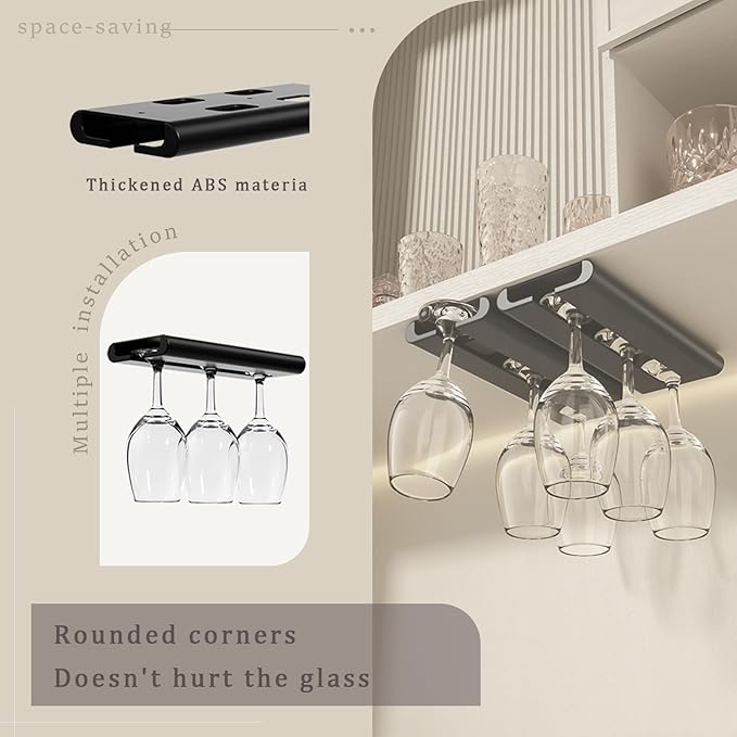 Wine Glass Holder, 2-Pack Under Cabinet Rack, Punch-Free Stemware Rack for Kitchen and Bar (Black)