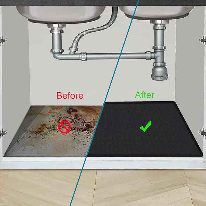 Jacooxi Under Sink Mat 22 x 19, Silicone Under Sink Protector Mat for Kitchen Waterproof, Easy to Clean Bathroom Cabinet Mat Organizers and Storage, Black