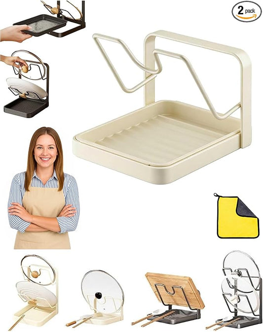 Kitchen Pot Lid Storage Rack, Pot Lid Holder with Tray, Lid Holder While Cooking, Lid and Spoon Rest, Multifunctional Kitchen Organizer Stand, No More Pools of Gross Water (Beige-Single layer)
