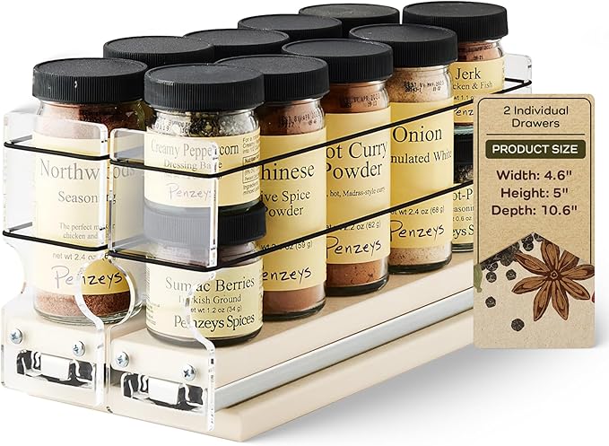 Vertical Spice - Narrow Pullout Spice Rack - Sliding Drawer for Kitchen Organization - Pantry Organizers and Storage - 2 Drawers - 10 Spice Jar Capacity (4.6" W x 5.0" H x 10.6" D, Cream)