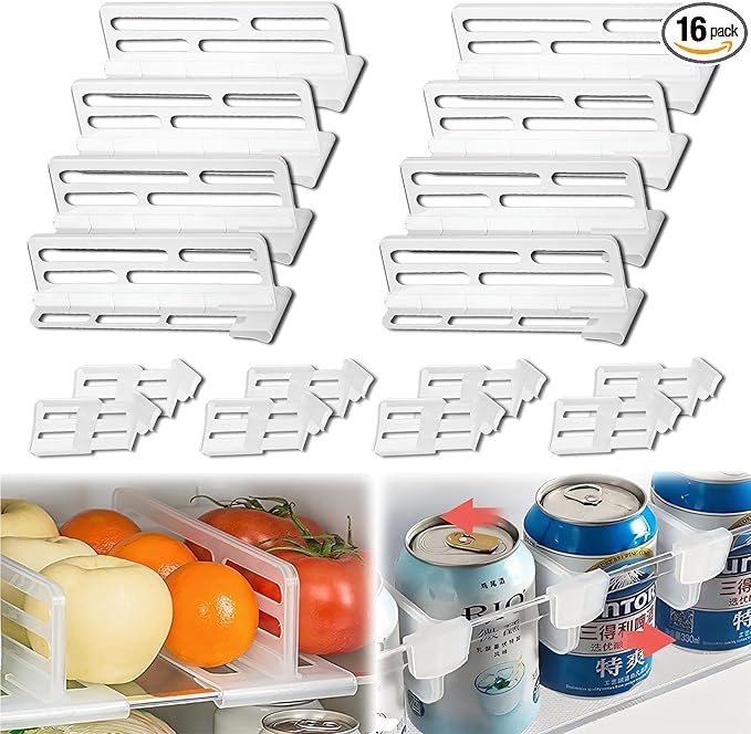 16Pcs Fridge Divider set, 8 Bigger Refrigerator Dividers for Glass Shelves in Freezer Cupboard Cabinet Drawer, with 8 Smaller Adjustable Fridge Dividers for Fridge Door Organizer Grid Separator.