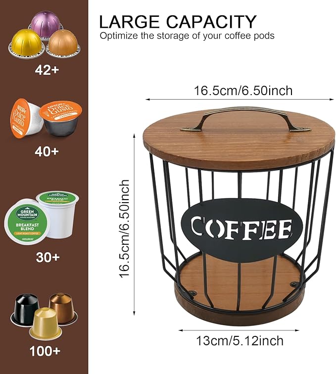 Round Coffee Pods Holder with Wooden Lid and Base,Wire Coffee Pods Storage Basket for Home Cafe Bar Countertop Decor(Black)