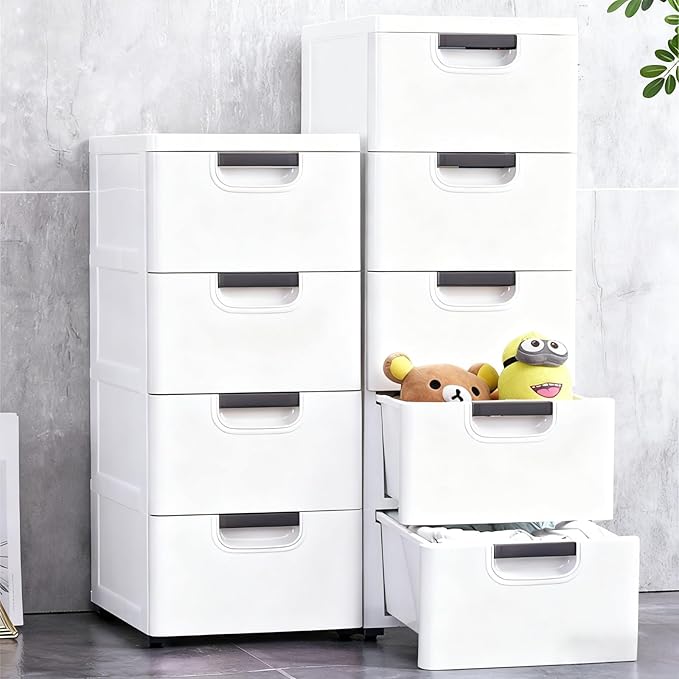 5 Drawers Stackable Storage Drawers Plastic Storage Drawers Collapsible Storage Bins Plastic Clothes Organizer Drawers Storage for Living Room,Bedroom,Office (White, 11.81" W)