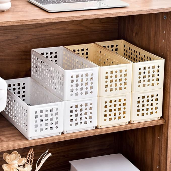 Folding Storage Basket Plastic Organizer with Stackable Design for Snacks Cosmetics and Office Supplies, 30x13x12cm White(Large milk white)