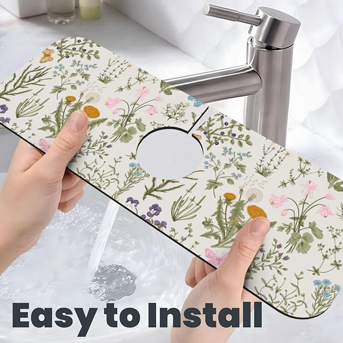 Vintage Color Plants Herbs Floral Butterfly Botanical Kitchen Sink Splash Guard Faucet Mat 1 Pcs, Absorbent Fast Drying Mat Gadgets Splash Guard For Bathroom 15 X 5.5 Inches