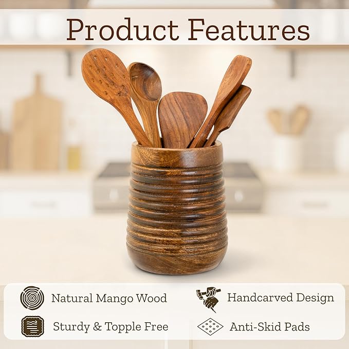Mie Creations Rustic 7'' Large Utensil Crock Holder for Kitchen Countertop | Wooden Cooking Spatula Organizer for Party, Mother's Day Wood Utensils Caddy, Vintage Kitchen Counter Decor-Dark Brown