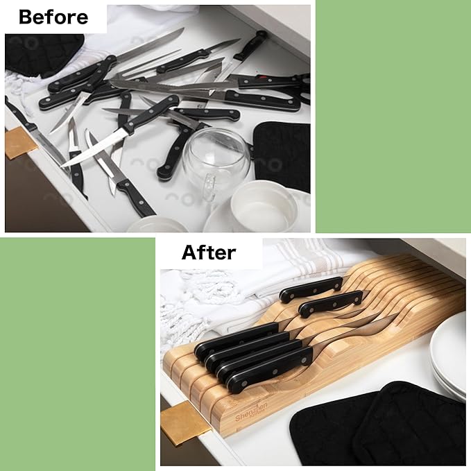 Shenzhen Knives Large In-Drawer Bamboo Knife Block: 11 Slot (Holds 10-12 Knives) Empty Wooden Knife Holder for Kitchen Drawers - Cutlery Tray Organizer & Storage