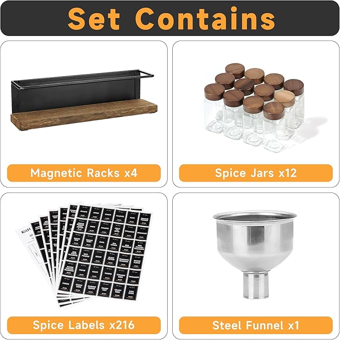KitHero Wooden Lid Magnetic Spice Rack with 12 Jars, 216 Labels, 1 Steel Funnel for Refrigerator，Microwave Oven - Full Set of Spice Organizer