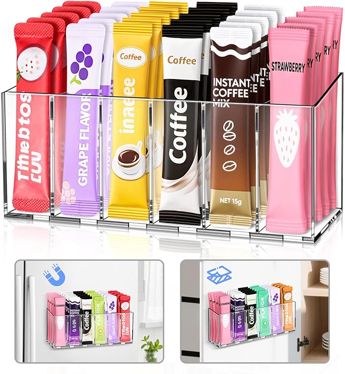 Drink Packet Organizer, Magnetic & Adhesive Water Packet Organizer with Removable Dividers & 6 Compartment for Kitchen Pantry Table Fridge Cabinet