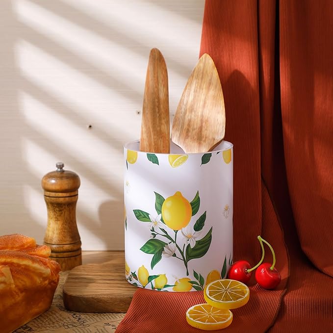 Kitchen Decorations Utensil Holder Acrylic Utensil Crock 6.3 Inch Spoon Kitchen Organizer for Countertop Coffee Spoon Holder Jar for Cooking Tools (Lemon)