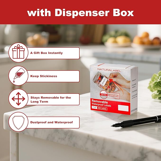 NATURALABEL 1000 PCS Blank Removable Freezer Labels with Dispenser - 1" x 2" Food Labels for Meal Prep Containers, Easy Peel-Off Design, No Residue