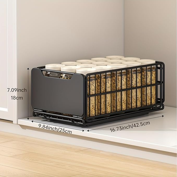 Pull Out Cabinet Organizer Fixed with Adhesive Nano Film, 1 Pack Sliding Mesh Cabinet Basket with Handle, Heavy Duty Slide out Pantry Shelves Drawer Storage for Home, Kitchen, Bathroom, Black