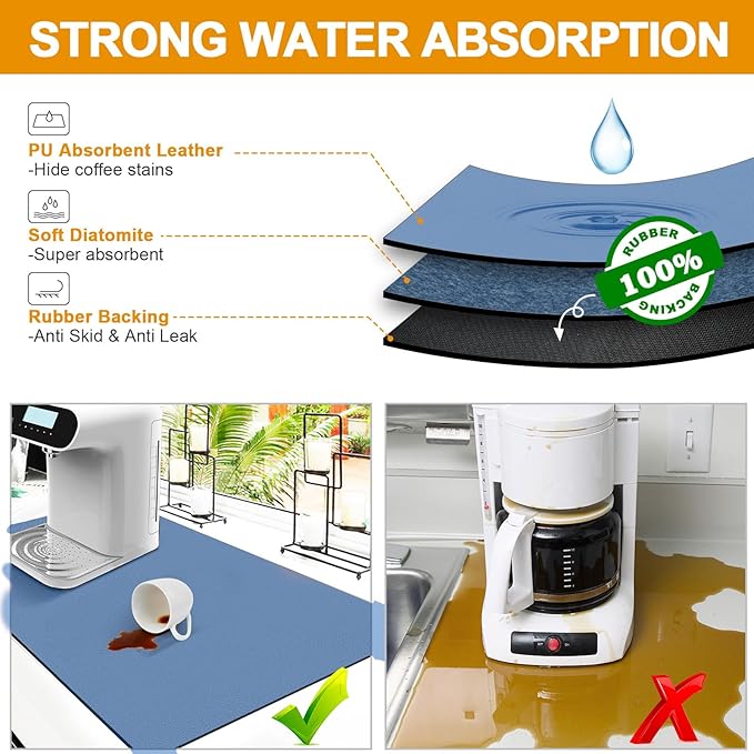 Dish Drying Mat & Coffee Mat for Kitchen Counter, Absorbent Microfiber Waterproof Mat with Non-Slip Backing, Multi-Size Multi-Color Options, Sink and Coffee Bar Accessories