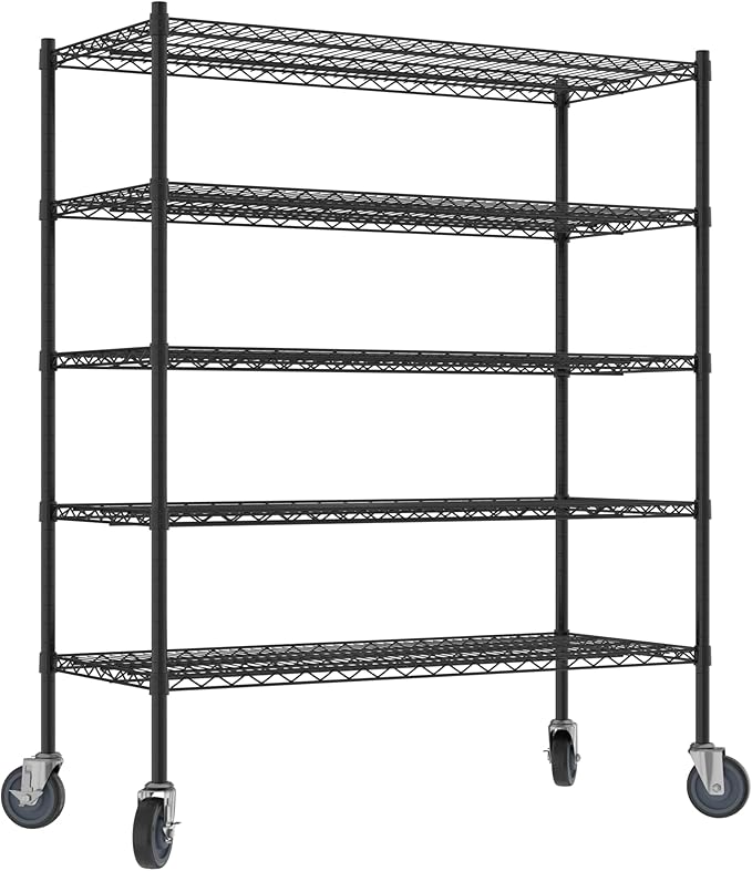 Commercial NSF Listed Black Epoxy Mobile Wire Shelving Kit 21" x 48" x 60", with 5 Shelves Perfect for Warehouse, Walk-in Refrigerator, Freezer, Grocery Store, Restaurant, Dishroom