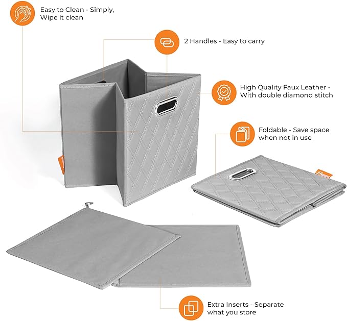 FH Group JIAessentials 11" Faux Leather Foldable Storage Cube Bins Set of 2 – Gray Diamond Patterned Organizers with Handles for Closet & Shelves