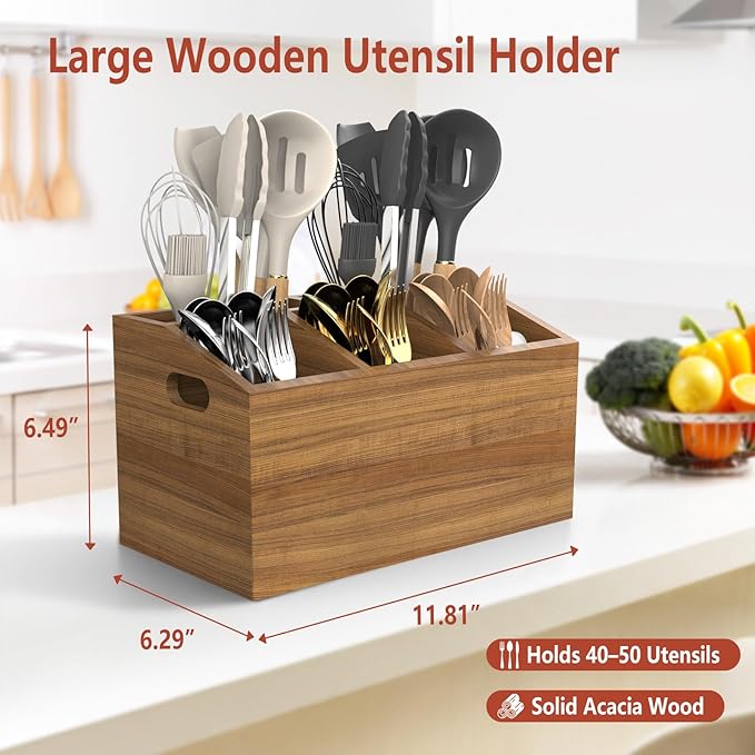 Wooden Kitchen Utensil Holder for Countertop or Wall, Extra Large Acacia Wood Utensil Holder Organizer with 5 Compartments, Rustic Utensil Caddy for Cooking Tools & Silverware