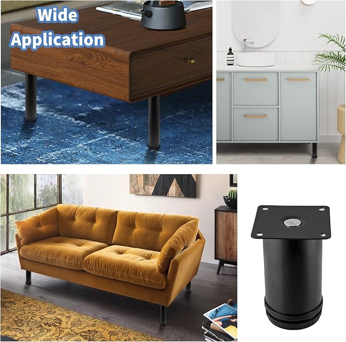 Set of 4 Stainless Steel Furniture Legs 3 Inch, Adjustable Round Cabinet Legs 2" Dia Kitchen Feet, Metal Replacement Legs for Cabinet Sofa Couch Shelves Table (Black)