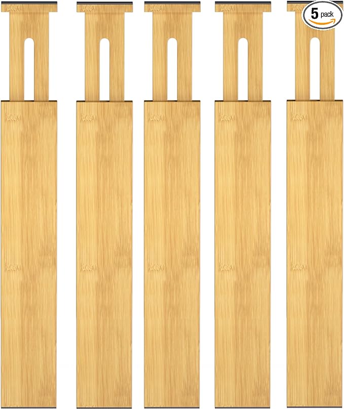 Bamboo Drawer Dividers,12-21" Adjustable Drawer Organizers for Clothes,Expandable Dresser Separators in Kitchen/Bedroom/Bathroom/Vanity/Office Organization and Storage,5-Pack