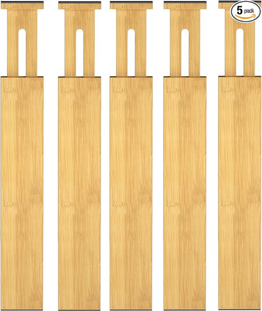 Bamboo Drawer Dividers,12-21" Adjustable Drawer Organizers for Clothes,Expandable Dresser Separators in Kitchen/Bedroom/Bathroom/Vanity/Office Organization and Storage,5-Pack