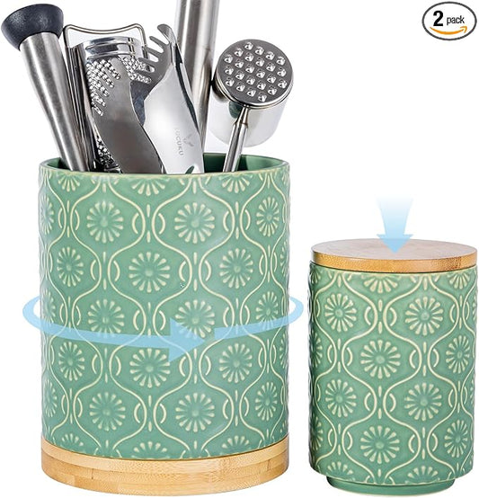 TEATALK Utensil Holder Set of 2, 7.7"+5.7" Ceramic Kitchen Utensil Holder for Countertop, Farmhouse Vintage Utensil Crock for Cooking Utensils, Large Utensil Organizer (Green)