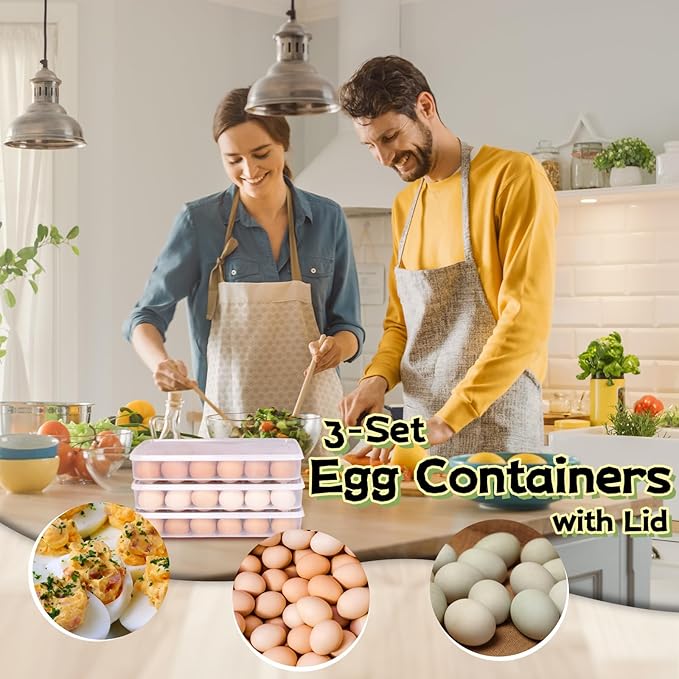 Anyumocz 3 Pcs Egg Holder for Refrigerator,Deviled Egg Containers with Lid,Plastic Stackable Clear Egg Tray Carrier for Kitchen,Keep Fresh(72 Eggs)
