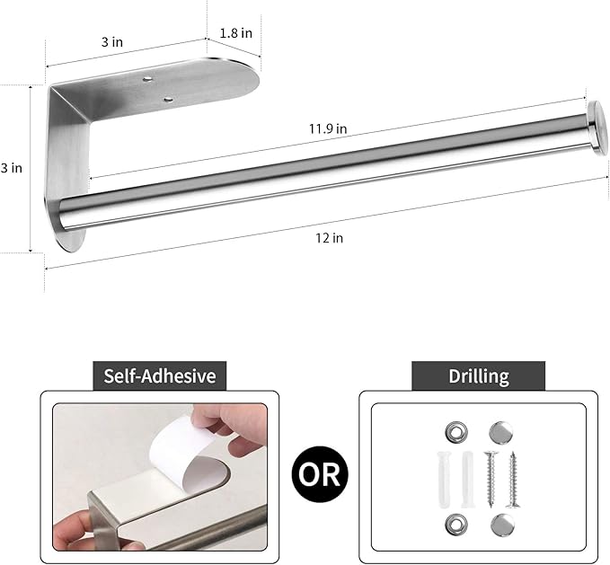 Paper Towel Holder Under Cabinet, OBODING, Self Adhesive or Drilling, Paper Towel Holder Wall Mount, 304 Stainless Steel Towel Rack for Kitchen Organization and Storage (12.05 inches)