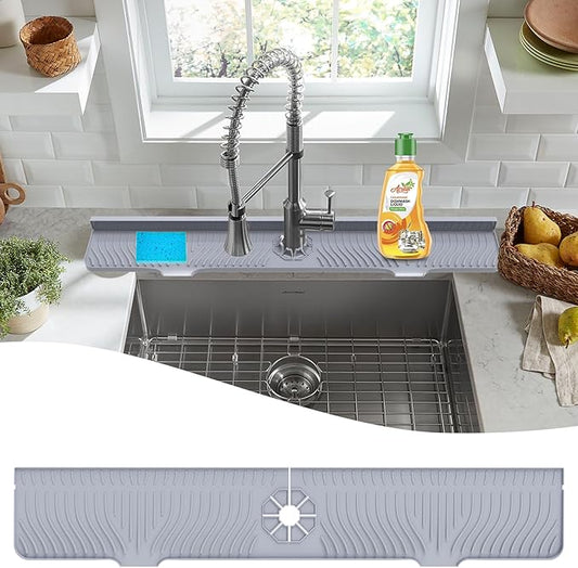 LVJING 33 inch Sink Splash Guard Mat, Sink Faucet Drying Mat, Silicone Faucet Handle Drip Catcher Tray, Longer Silicone Sink Mat for KitchenBathroom, Drip Protector Splash Countertop (Grey)