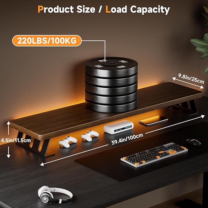 Dual Monitor Stand Riser, 39 Inch Large Wood Monitor Stands for 2 Monitors, Desk Monitor Riser for Computer/Laptop/Printer/TV, Stand Riser up to 220 lbs