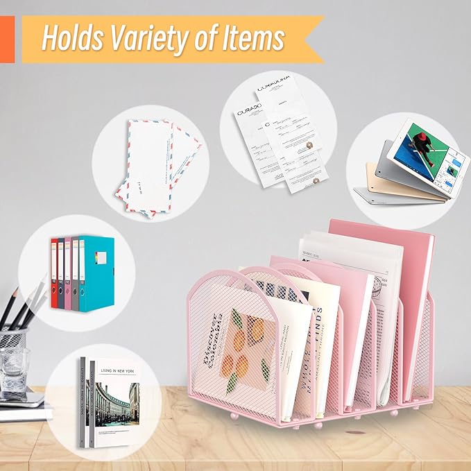 Desk File Organizer 5 Sections Desktop Organizer File Sorter Office Organization File Folder Holder for Office School & Classroom (Pink, 5 Section - 1Pack)