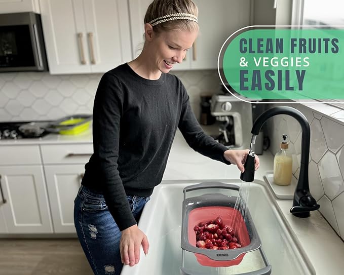 Comfify XL Large Kitchen Strainer - Collapsible Silicone Over-The-Sink Colander with Extendable Handles - Use with Pasta, Fruit, Berries & Veggie - 6 Quart - Coral