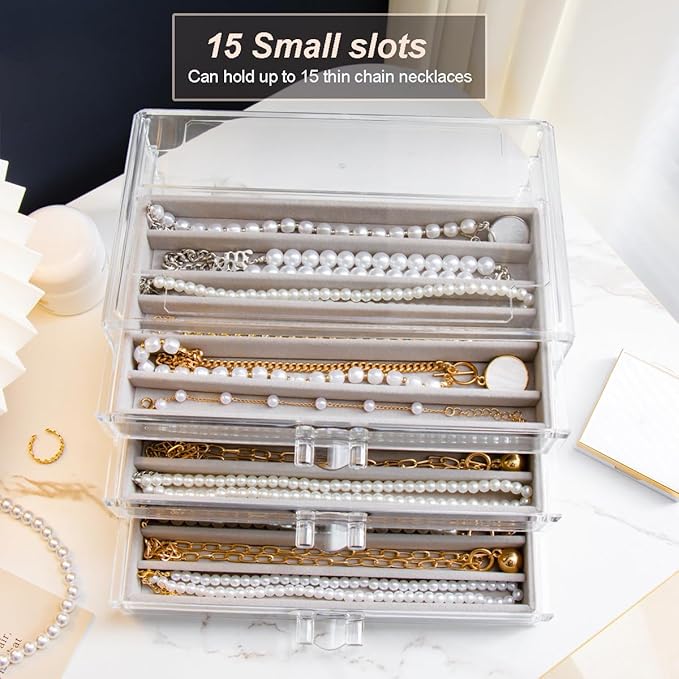 Necklace Holder Organizer, Dustproof Necklace Box Velvet Necklace Organizer Box with Lid Clear Acrylic Dustproof Stackable Jewelry Displays for Necklaces Chain Display (Gray, 3 Drawer)