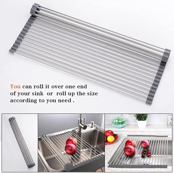 Ahyuan Roll up Dish Drying Rack Over The Sink Kitchen Roll up Sink Drying Rack Portable Dish Drainer Foldable Dish Drying Rack (Warm Gray, 20.5''X16.9'')