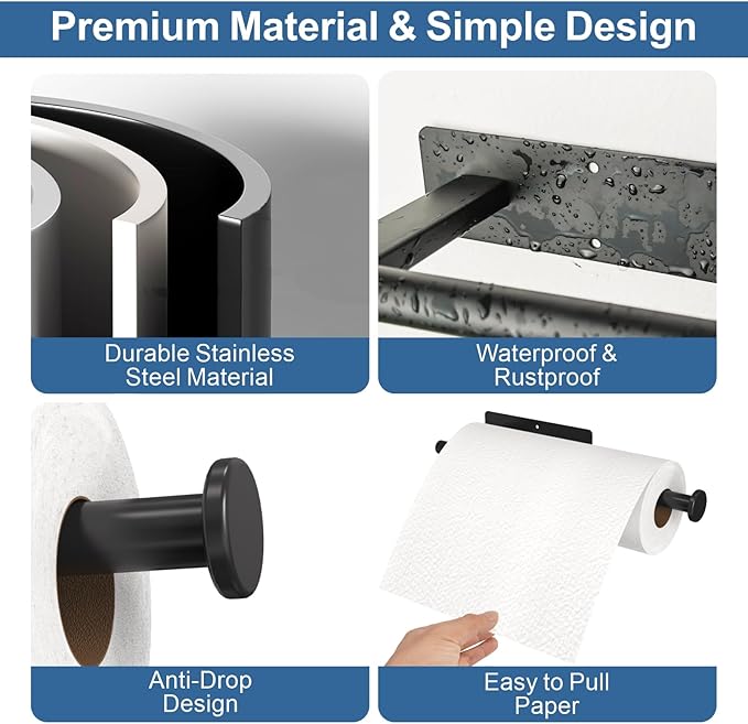 Paper Towel Holder Under Cabinet, Upgraded Self Adhesive Paper Towel Holder Wall Mount for Kitchen, Bathroom, RV, Bend-Resistant, Self-Adhesive or Drill mounting