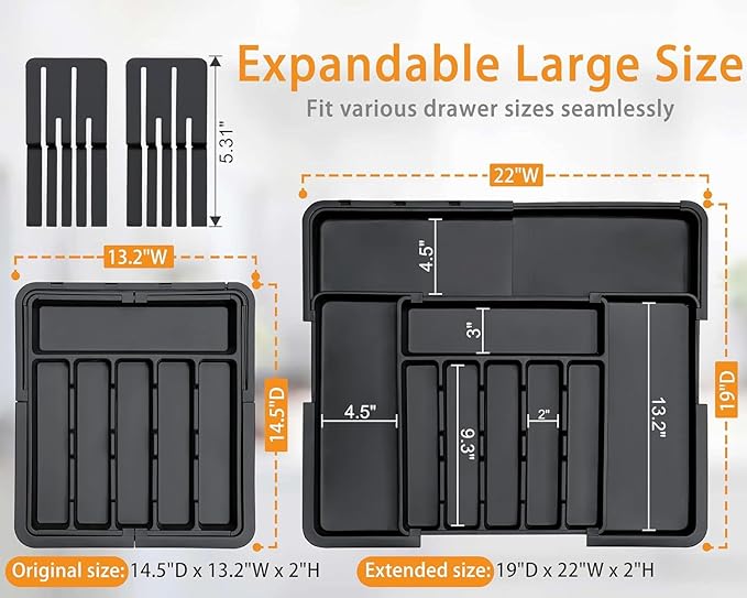 Extra Large Expandable Silverware Organizer, BPA-Free Food-Safe Cutlery Holder, Adjustable Kitchen Utensil Drawer Organizer for Spoons Forks Knives (Black)