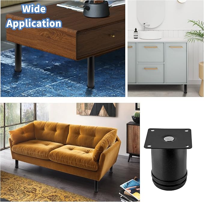 Set of 4 Stainless Steel Furniture Legs 2.4 Inch, Adjustable Round Cabinet Legs 2" Dia Kitchen Feet, Metal Replacement Legs for Cabinet Sofa Couch Shelves Table (Black)