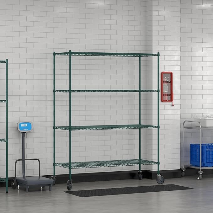 Commercial NSF Listed Green Epoxy Mobile Wire Shelving Kit 24" x 60" x 80", with 4 Shelves Perfect for Warehouse, Walk-in Refrigerator, Freezer, Grocery Store, Restaurant, Dishroom