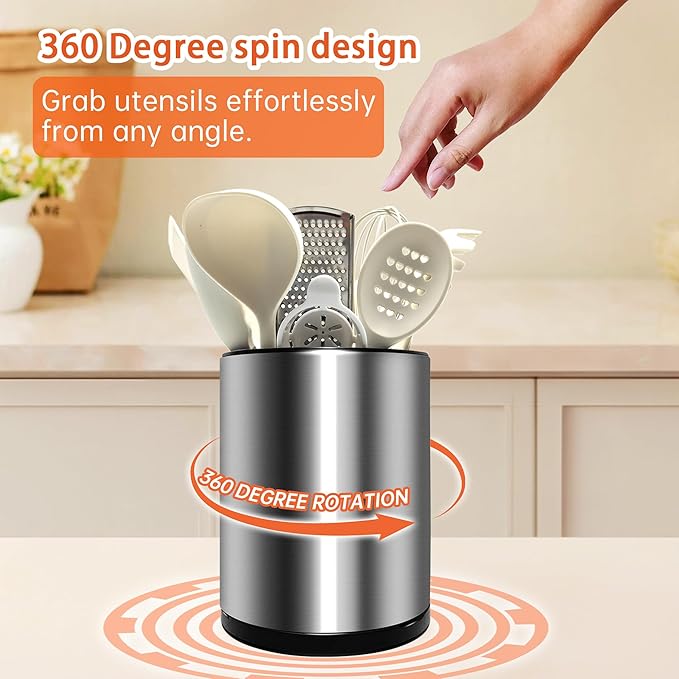Stainless 360° Rotating Kitchen Utensil Holder Large Counter Utensil Caddy Cooking Spoon Stand Spatula Cutlery Metal Utensil (Silver)
