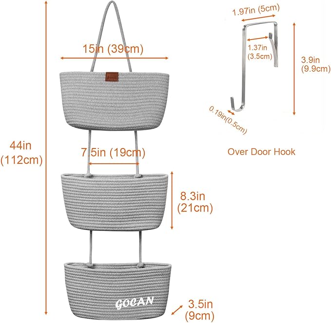 Hanging Storage Baskets Over the Door Hanging Basket, 3-Tier Cotton Rope Woven Hanging Organizer, Detachable Decorative Hanging Baskets for Wall Living Room, Bathroom and Bedroom(grey)