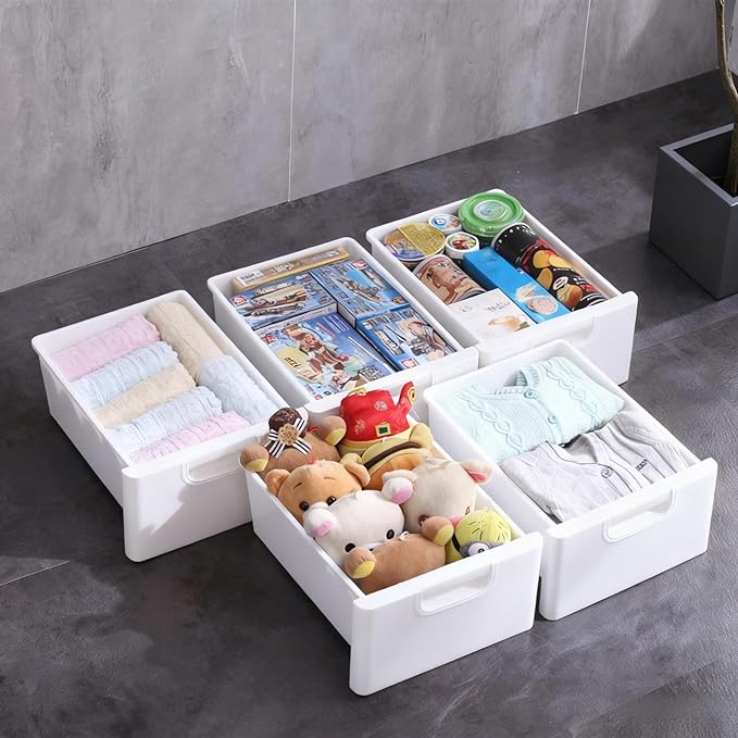 5 Drawers Stackable Storage Drawers Plastic Storage Drawers Collapsible Storage Bins Plastic Clothes Organizer Drawers Storage for Living Room,Bedroom,Office (White, 11.81" W)