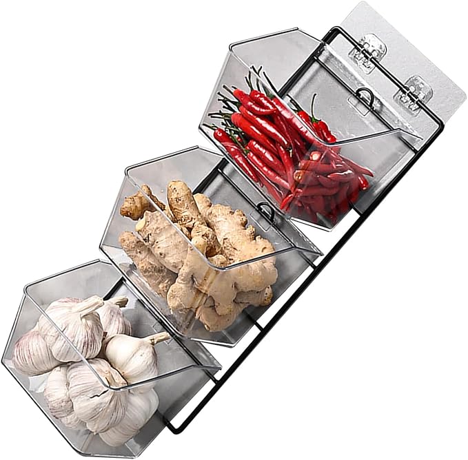 3-Pack Small Clear Storage Baskets, Wall Mounted Adhesive Spice Rack Plastic Storage Bins Kitchen Wall Organizer and Storage Shelves, Spice Organizer for Countertop/Cabinet/Bathroom
