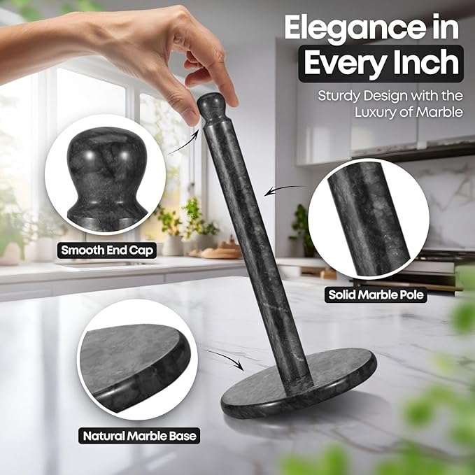 Flexzion Marble Paper Towel Holder 12 inch (Black) - Kitchen Countertop Paper Towel Holder Stand Rack with Roll Dispenser Pole and Weighted Marble Base for Tables Home Dining Bathroom Storage
