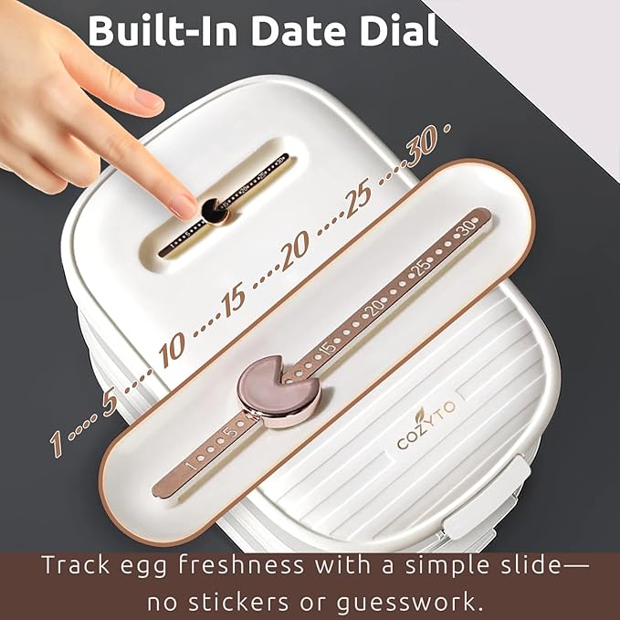 COZYTO Premium EggNest 2-Layer Egg Holder for Refrigerator – Stackable Egg Storage Tray with Sliding Date Dial Lid | Holds 44 Eggs | BPA-Free, Durable & Space-Saving (White Lid & White Box)