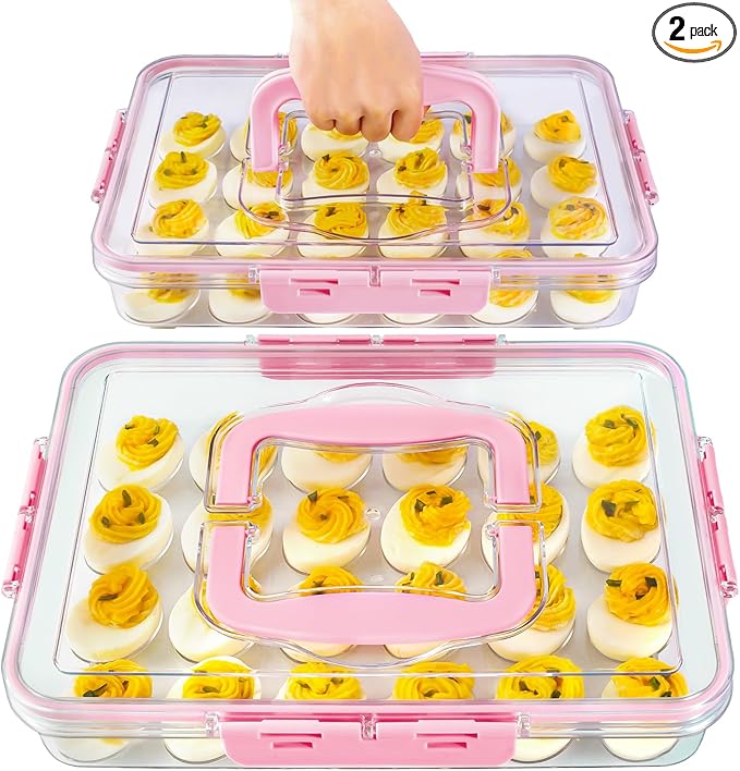 2 Pack Deviled Egg Containers with Lid and Handle, Durable Clear Plastic Deviled Egg Carrier Storage 48 Eggs, Stackable Egg Holder for Fridge, Portable Tray Platter for Party & Picnics-Pink