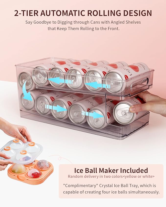 8 Pack Rolling Soda Can Dispenser for Refrigerator with 1 Pack Ice Ball Maker, Pantry Organization and Storage 2-Layer Beverage Holder for Fridge, Clear