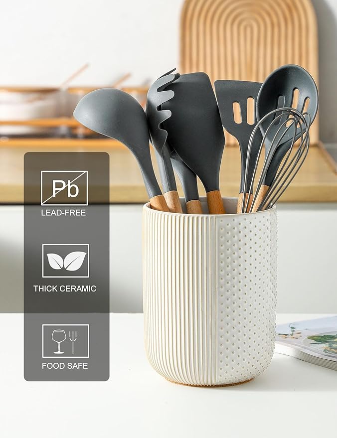 Ceramic Utensil Holder with Cork Mat for Countertop, Utensil Crocks, Kitchen Tool Holder, Cooking Utensil Holder Organizer for Spatula, White