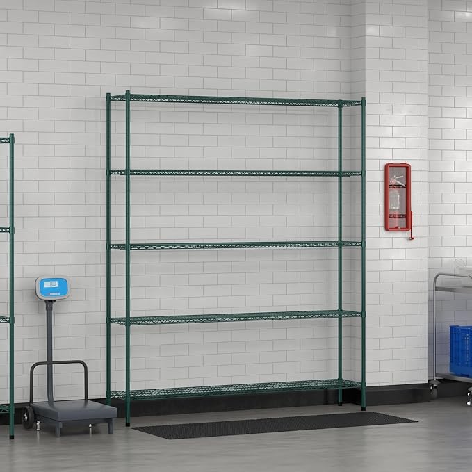 Commercial NSF Listed Green Epoxy Stationary Wire Shelving Kit 14" x 72" x 86", with 5 Shelves Perfect for Warehouse, Walk-in Refrigerator, Freezer, Grocery Store, Restaurant, Dishroom