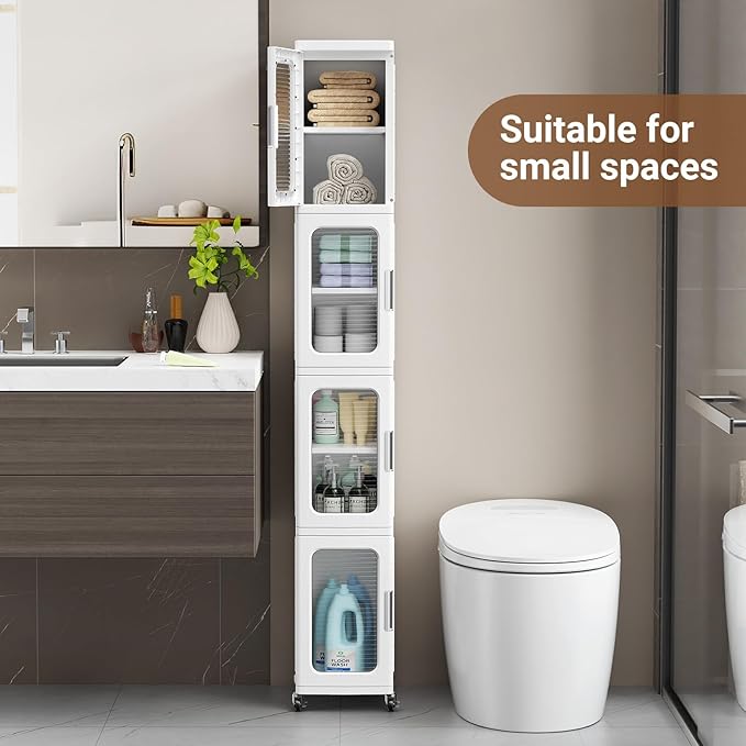 BROVIEW 3-Tier Tall Narrow Storage Cabinet Organizer, Slim Bathroom Cabinets with Adjustable Shelves and Doors, Plastic Kitchen Pantry Organizers and Storages for Small Space, Laundry, White