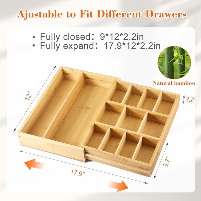 1 Pcs Bamboo Desk Drawer Organizer Wood 2 Inch Height Expandable Drawer Organizer Trays with 8 Adjustable Compartments Desk Accessories for Makeup Silverware Office Bathroom(Natural)