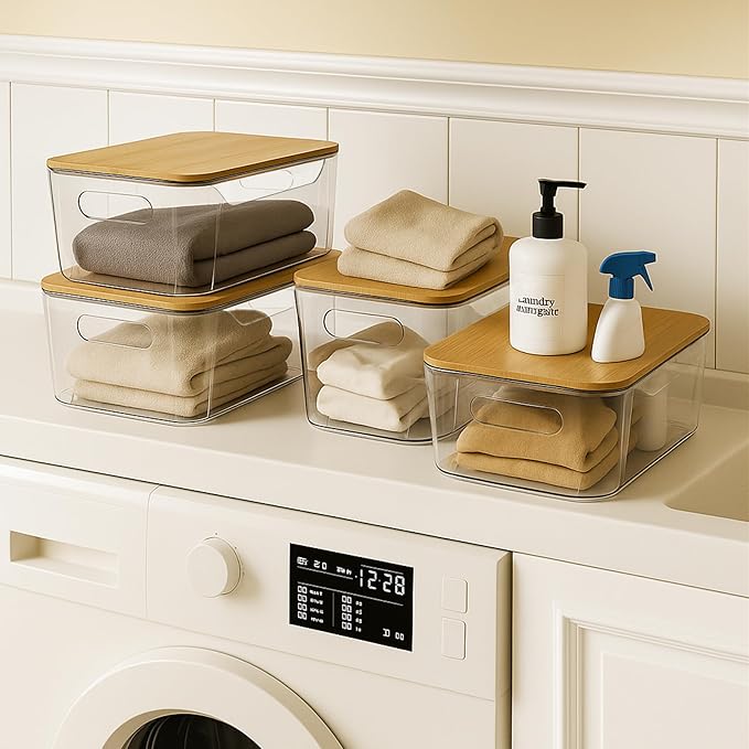 CiWiVOKi 6 Pack Clear Storage Bins with Bamboo Lids, Stackable Organization and Storage Containers with Handle for Pantry, Cabinet, Closet, Fridge, Bathroom, Organizer Bins for Home & Kitchen