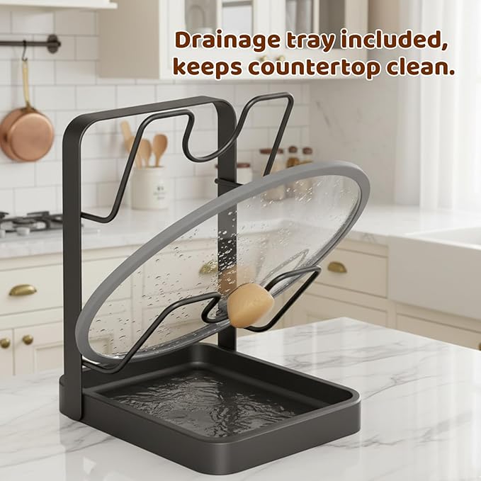 Kitchen Pot Lid Storage Rack, Pot Lid Organizer, Pot Lid Holder U-Groove Carbon Steel With Drip Tray
